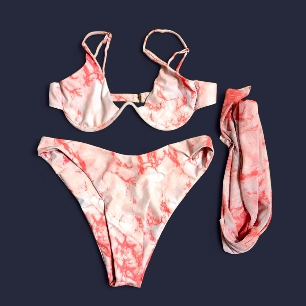 3 piece: Pink and white marbled bikini set